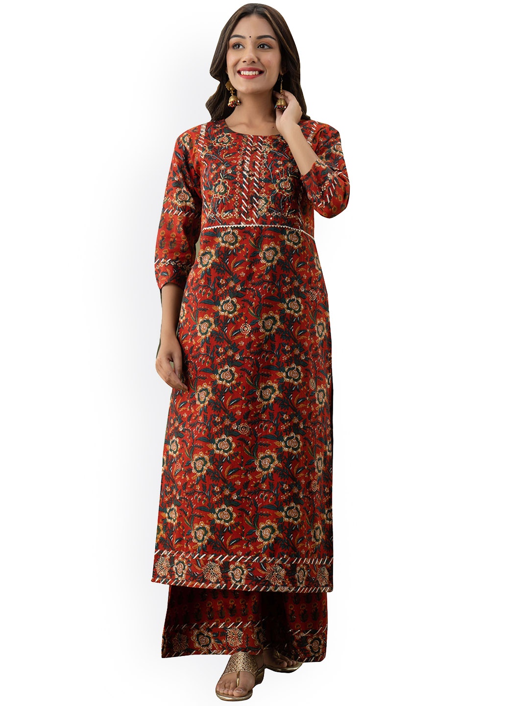 

JAIPUR FASHION MODE Women Red Ethnic Motifs Printed Pure Cotton Kurta with Trousers