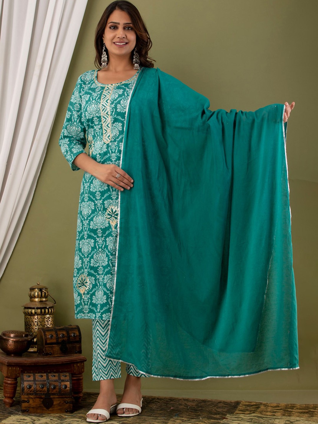 

JAIPUR FASHION MODE Women Green Ethnic Motifs Printed Pure Cotton Kurta Set