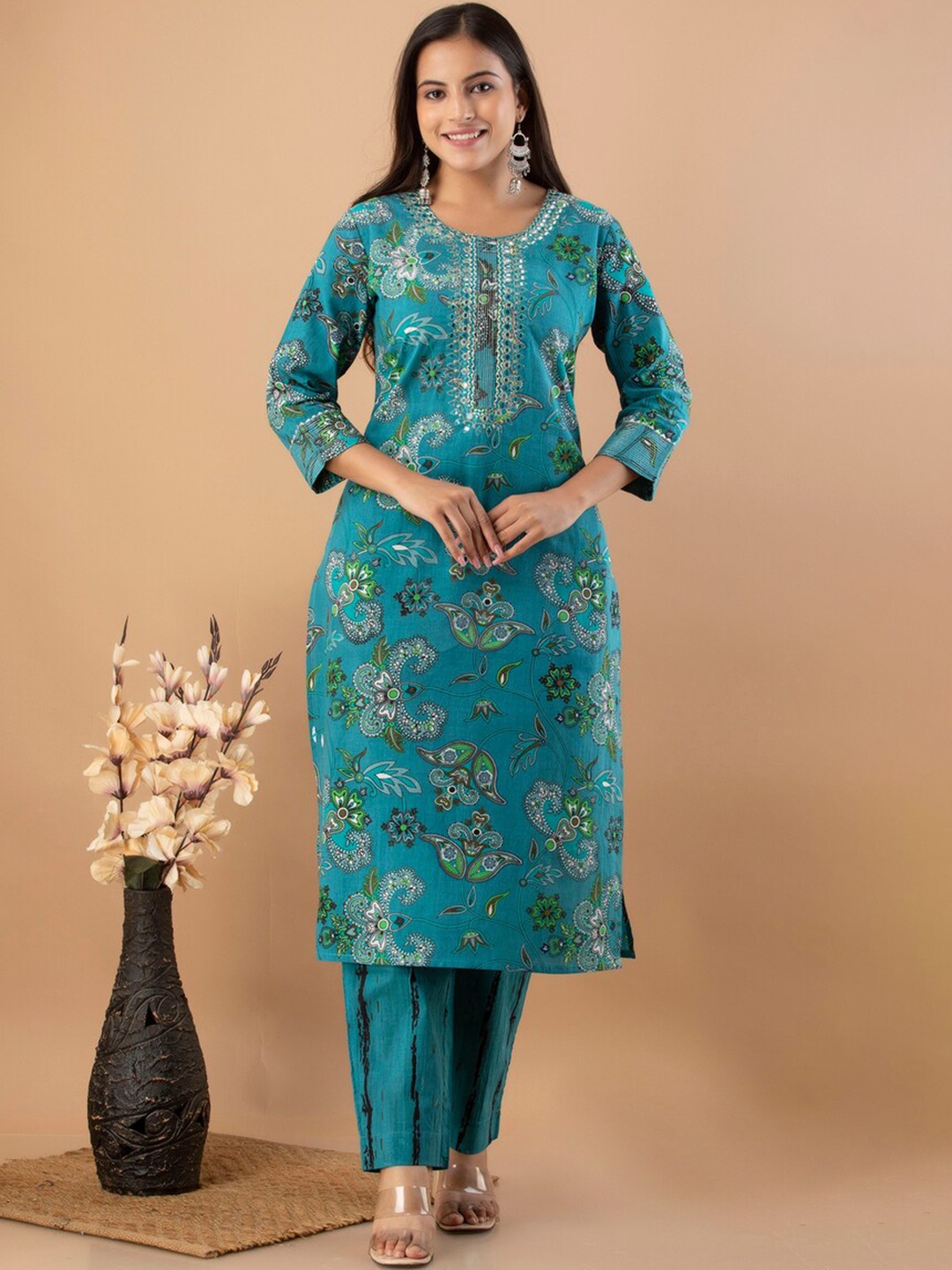 

JAIPUR FASHION MODE Women Teal Ethnic Motifs Embroidered Pure Cotton Kurta Set