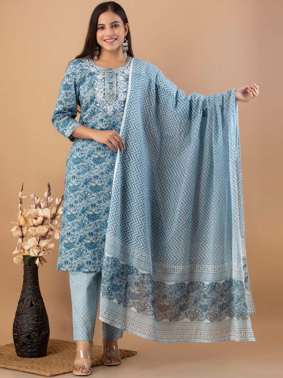

JAIPUR FASHION MODE Women Blue Floral Printed Pure Cotton Kurta Set