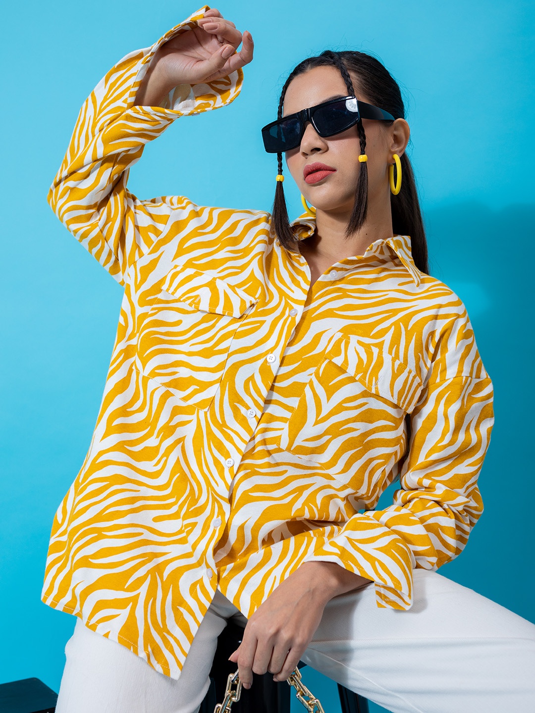 

Stylecast X Hersheinbox Animal Printed Pure Cotton Oversized Shirt, Mustard