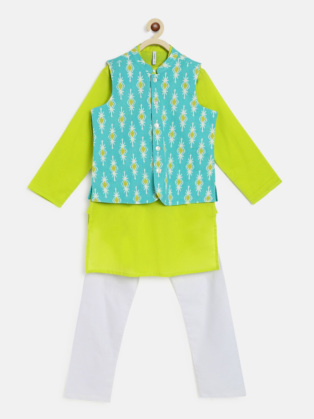 

Campana Boys Printed Pure Cotton Kurta with Pyjamas & Jacket, Lime green