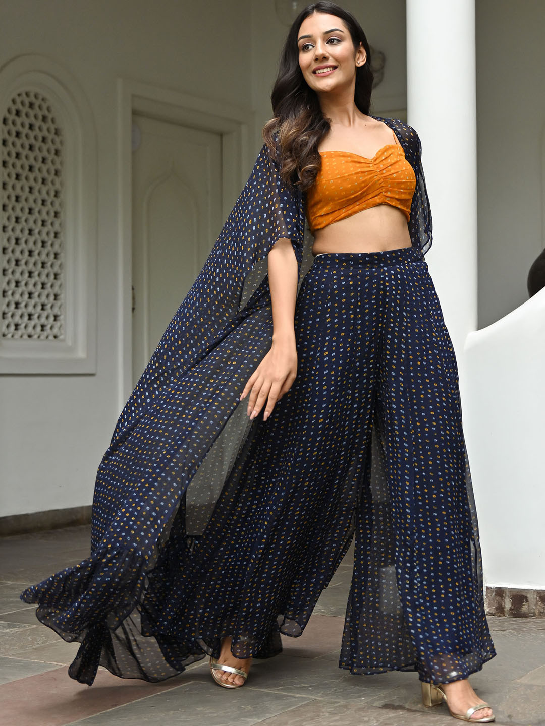 

Lavanya The Label Women Bandhani Printed Acrylic Co-Ords With Shrug, Navy blue