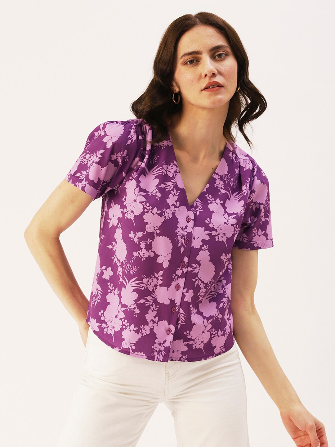

DressBerry Floral Print Crepe Shirt Style Top, Purple