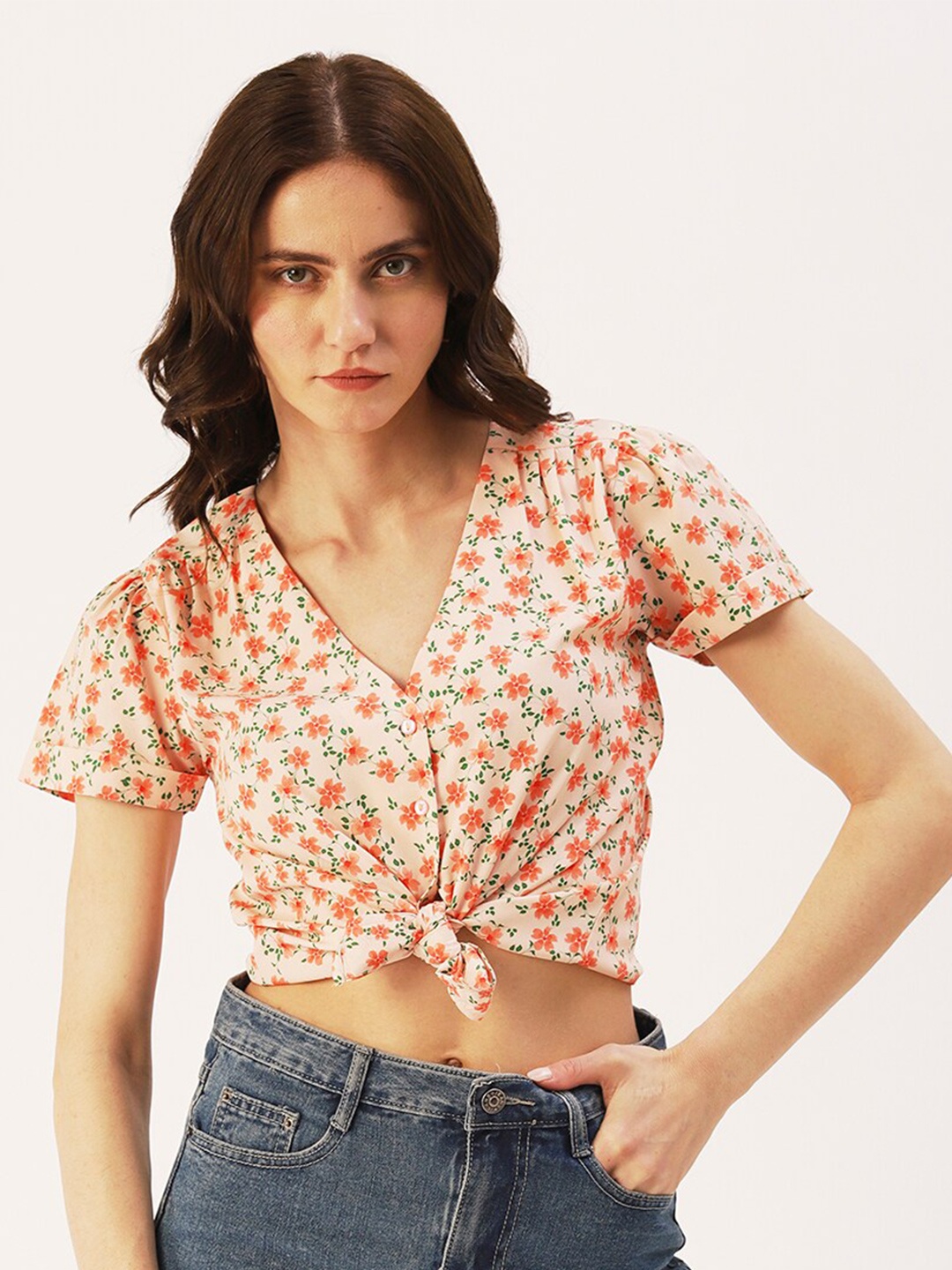 

DressBerry Floral Printed Crepe Crop Top, Peach