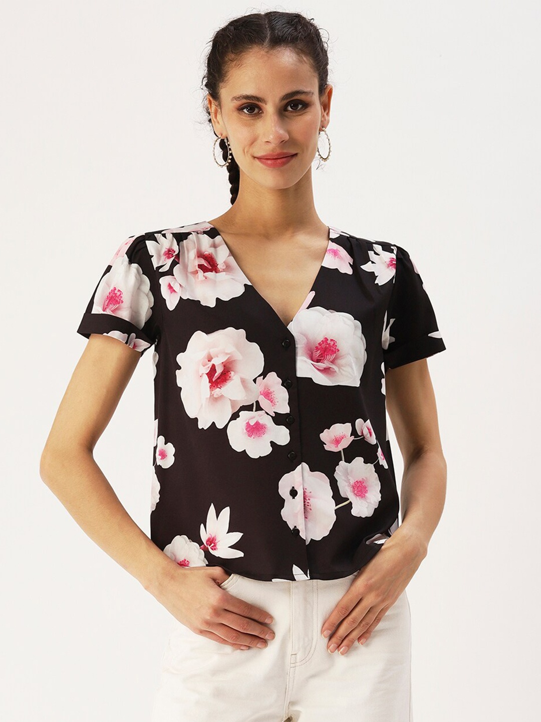 

DressBerry Floral Printed Crepe Shirt Style Top, Black