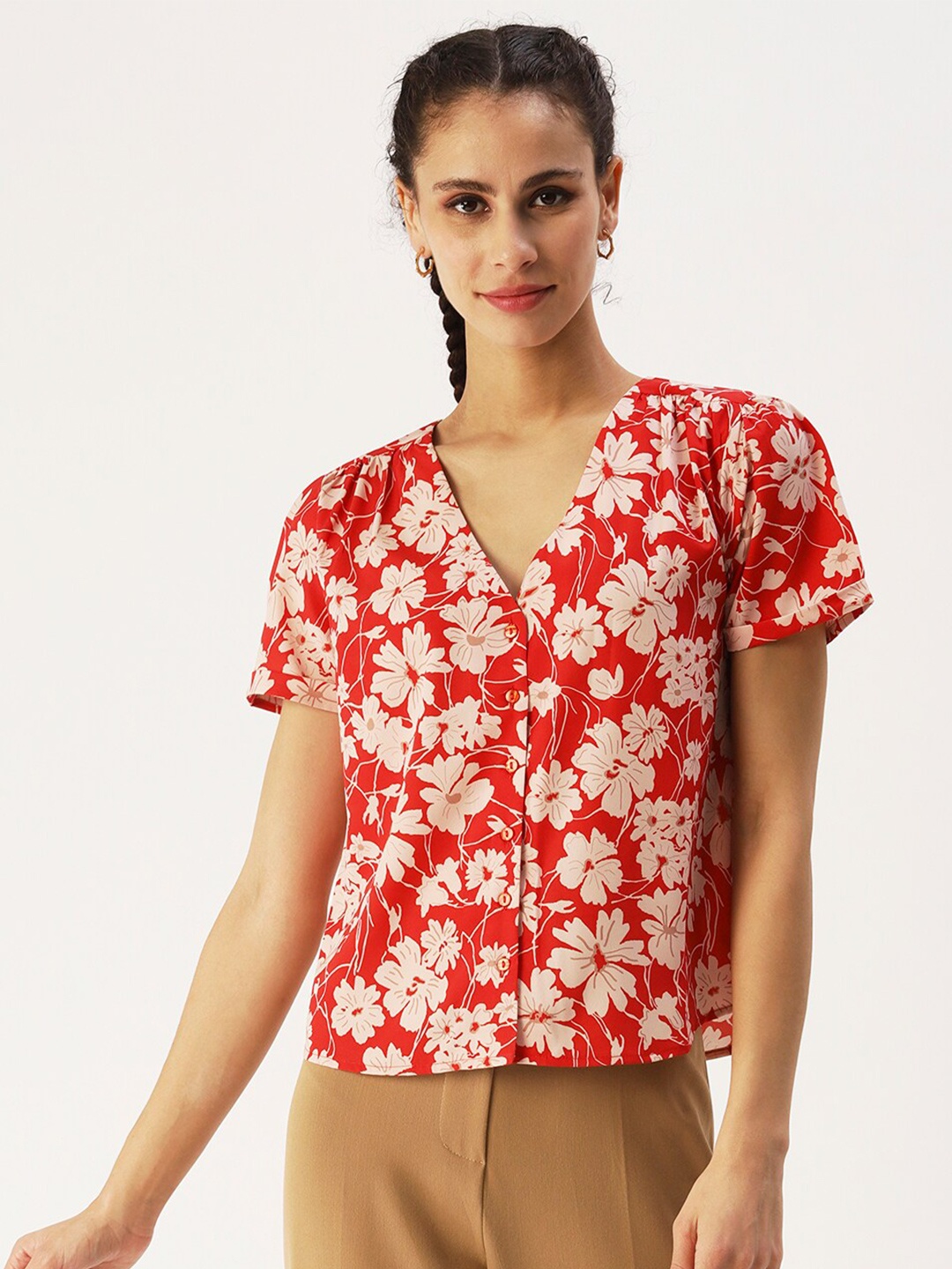 

DressBerry Floral Printed V Neck Top, Red