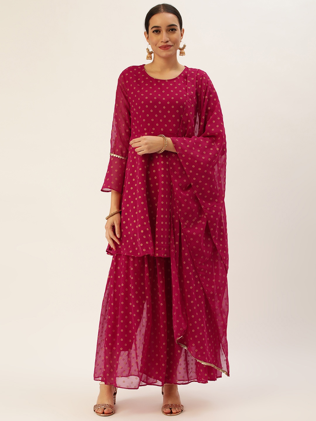 

SWAGG INDIA Women Ethnic Motifs Empire Kurti With Sharara & With Dupatta, Pink