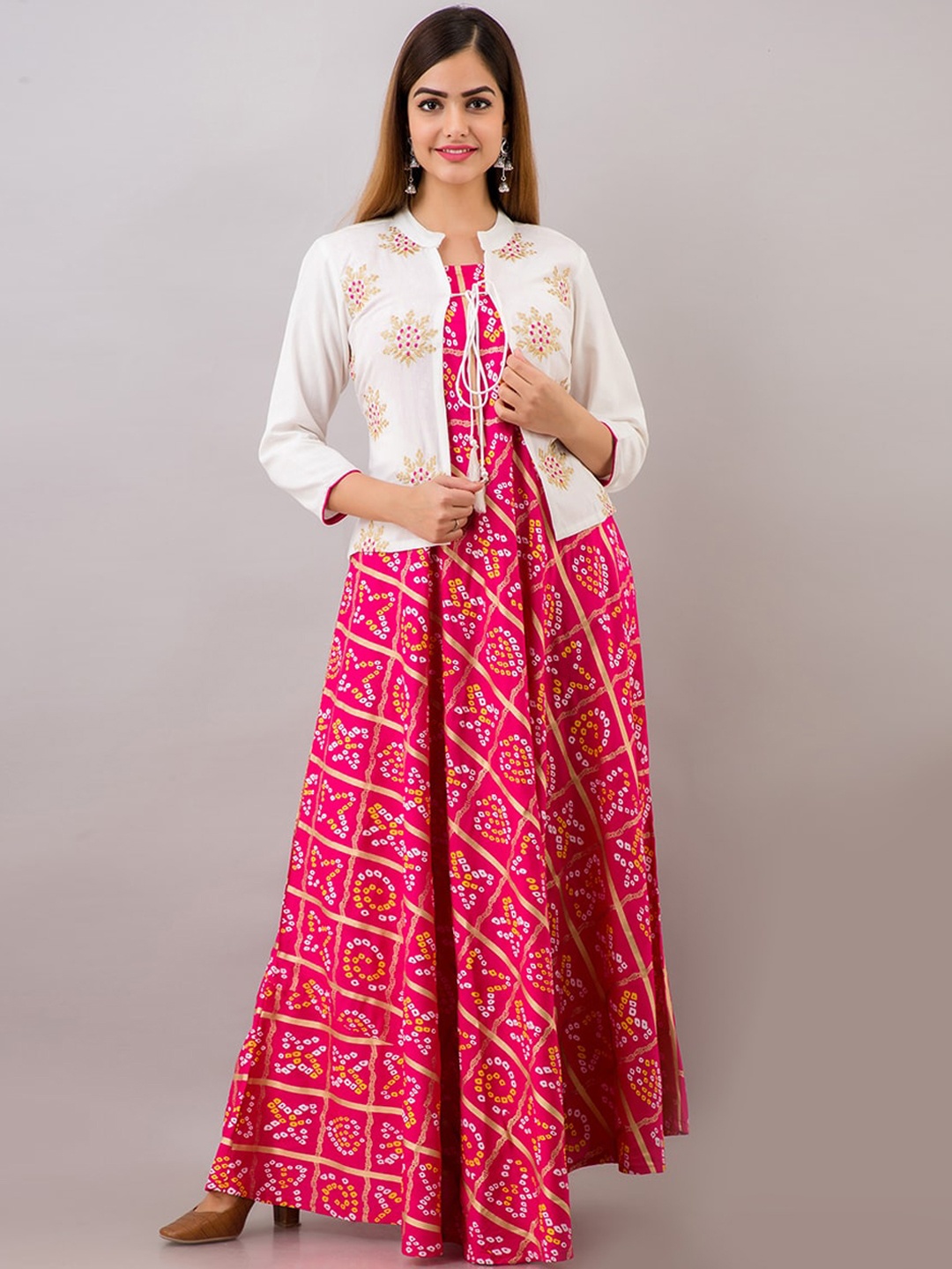

OMASK Bandhani Printed Anarkali Kurta With Waistcoat, Pink
