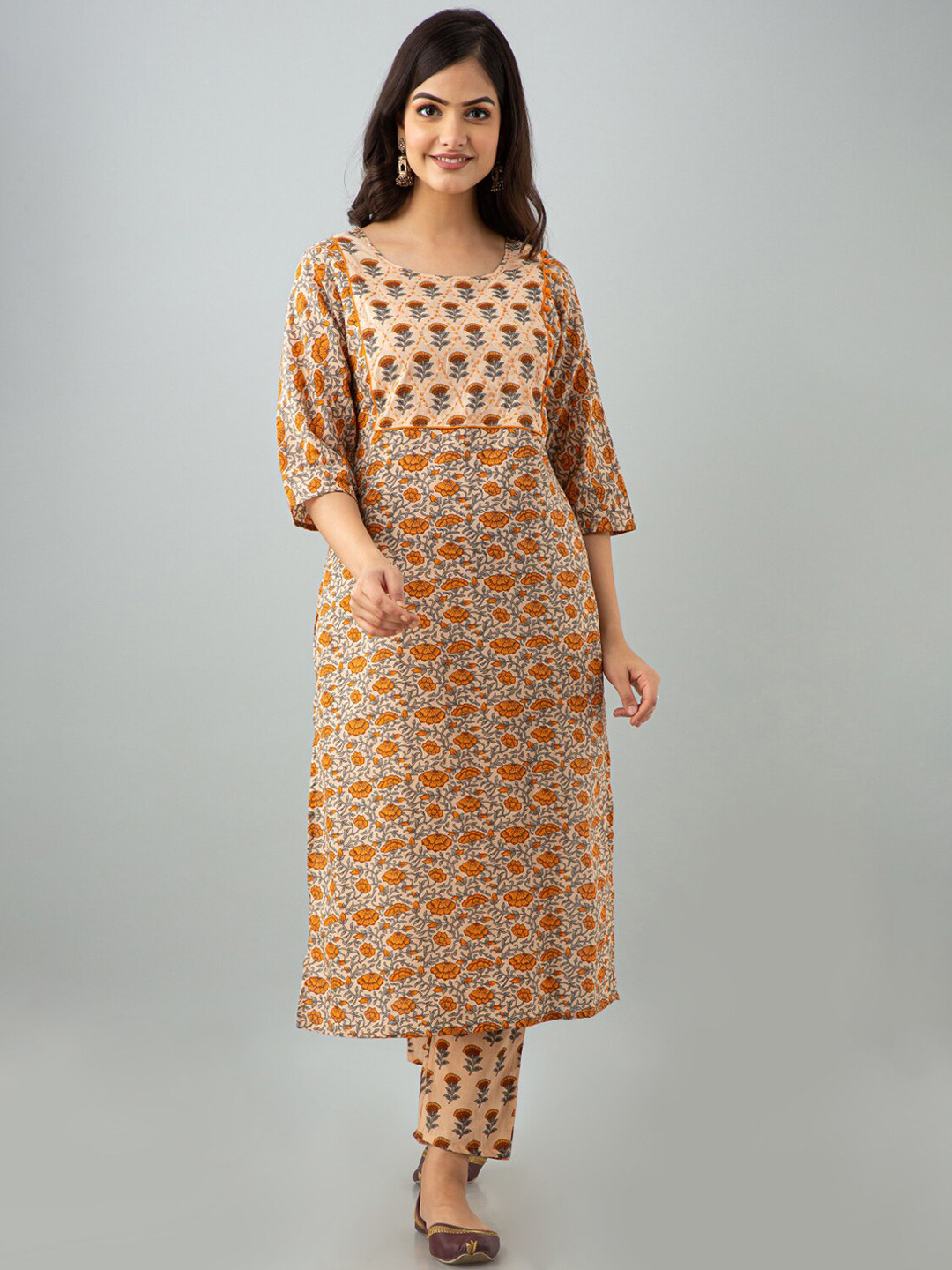 

OMASK Women Floral Yoke Design Pure Cotton Kurta with Trousers, Camel brown