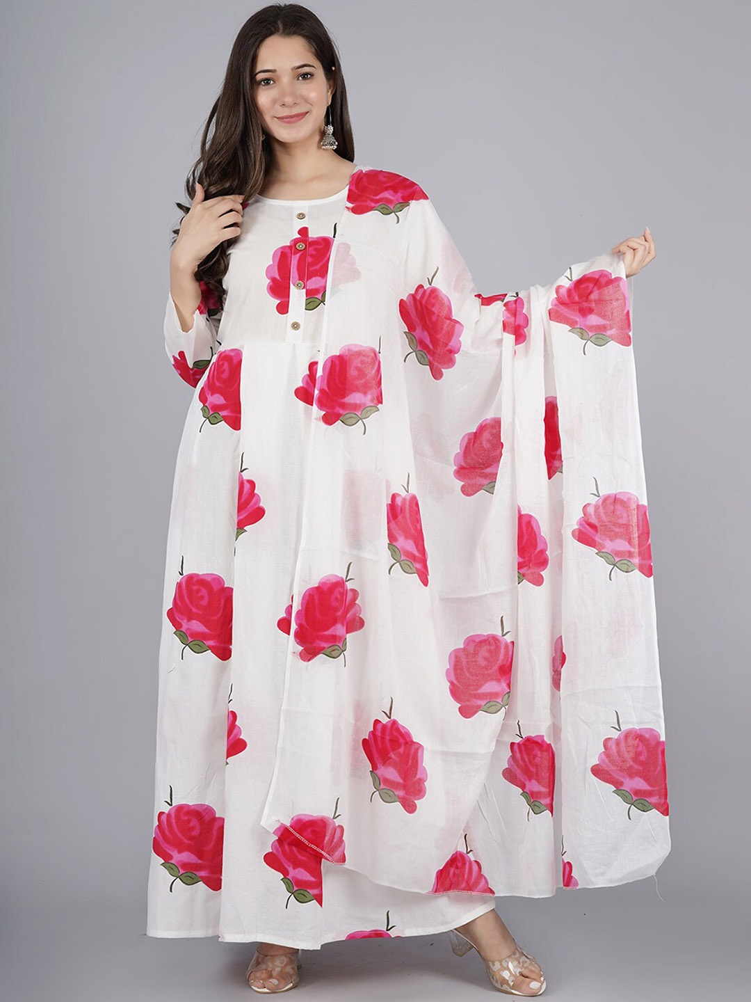

OMASK Women Floral Printed Floral Cotton Kurta, White