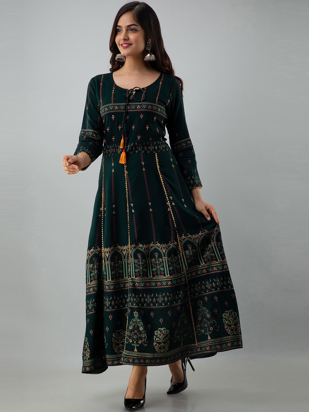 OMASK Floral Printed Floral Anarkali Kurta, Green