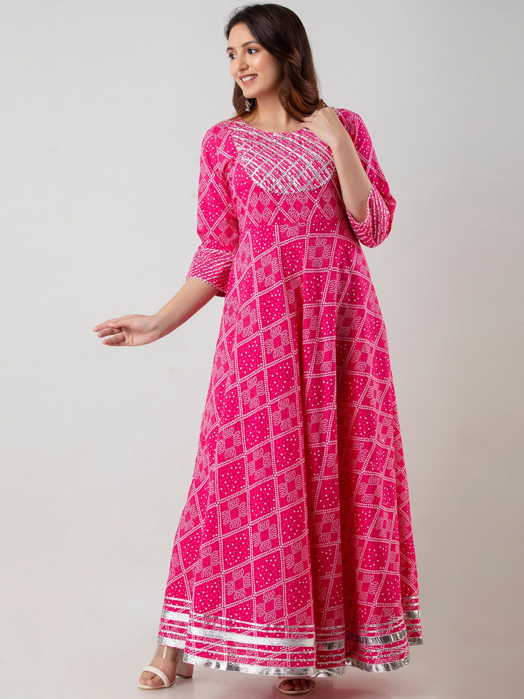 

OMASK Geometric Printed Anarkali Regular Cotton Kurta, Pink