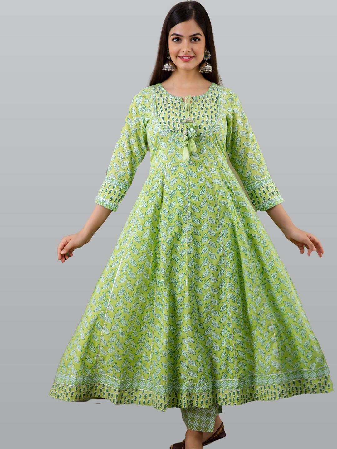 

OMASK Women Paisley Printed Pleated Gotta Patti Pure Cotton Kurta with Trousers & Dupatta, Green