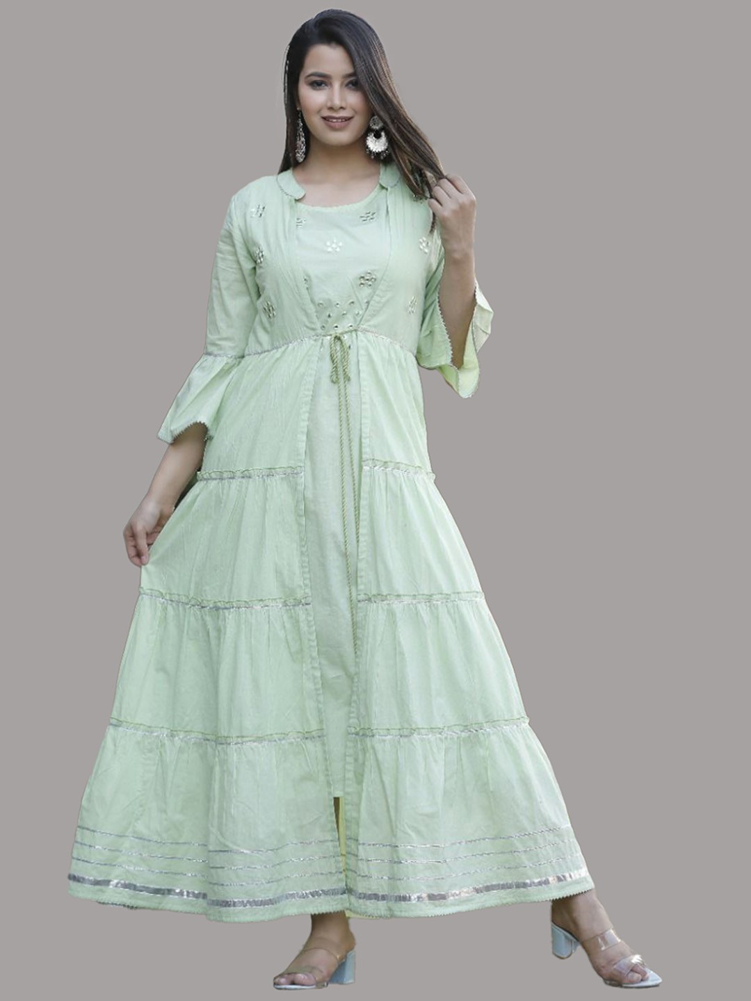 

OMASK Flared Sleeves Mirror Work Floral Anarkali Kurta With Jacket, Sea green