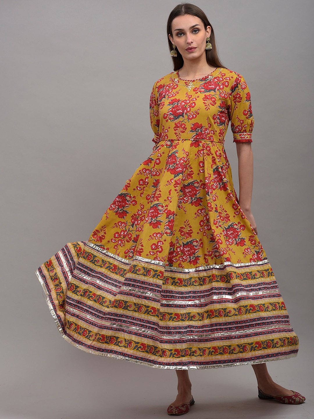 

OMASK Floral Printed Thread Work Cotton Anarkali Kurta, Mustard