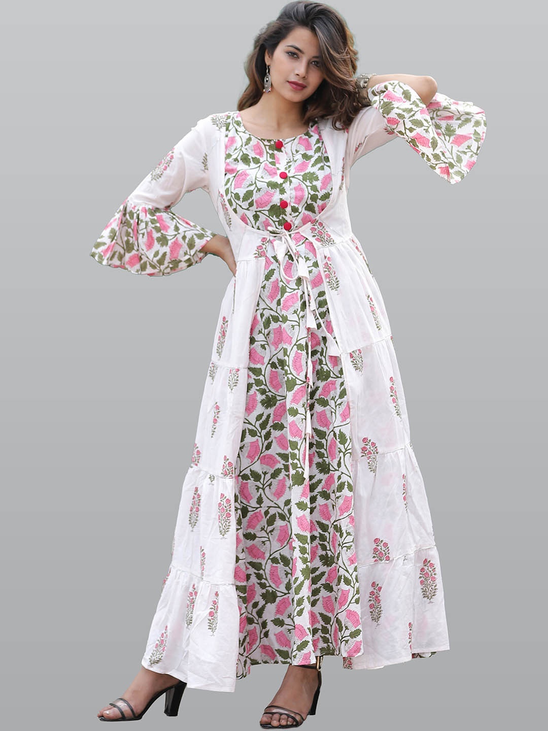 

OMASK Women Floral Printed Flared Sleeves Floral Anarkali Kurta, White