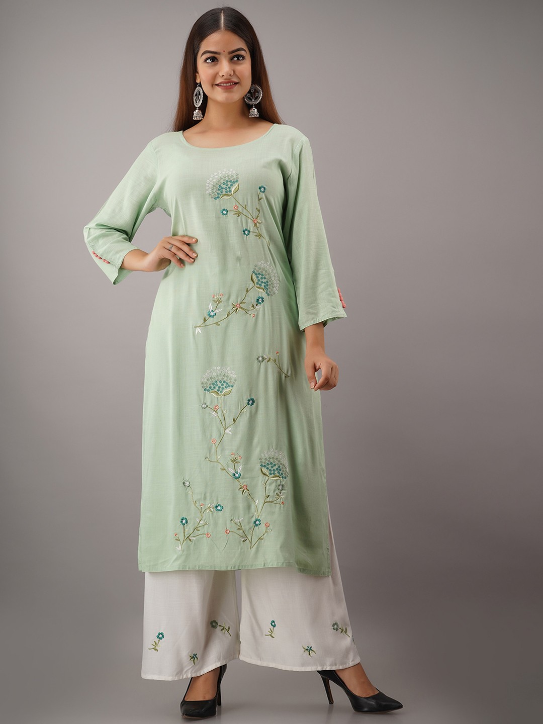 

OMASK Women Floral Embroidered Thread Work Kurta with Palazzos, Green