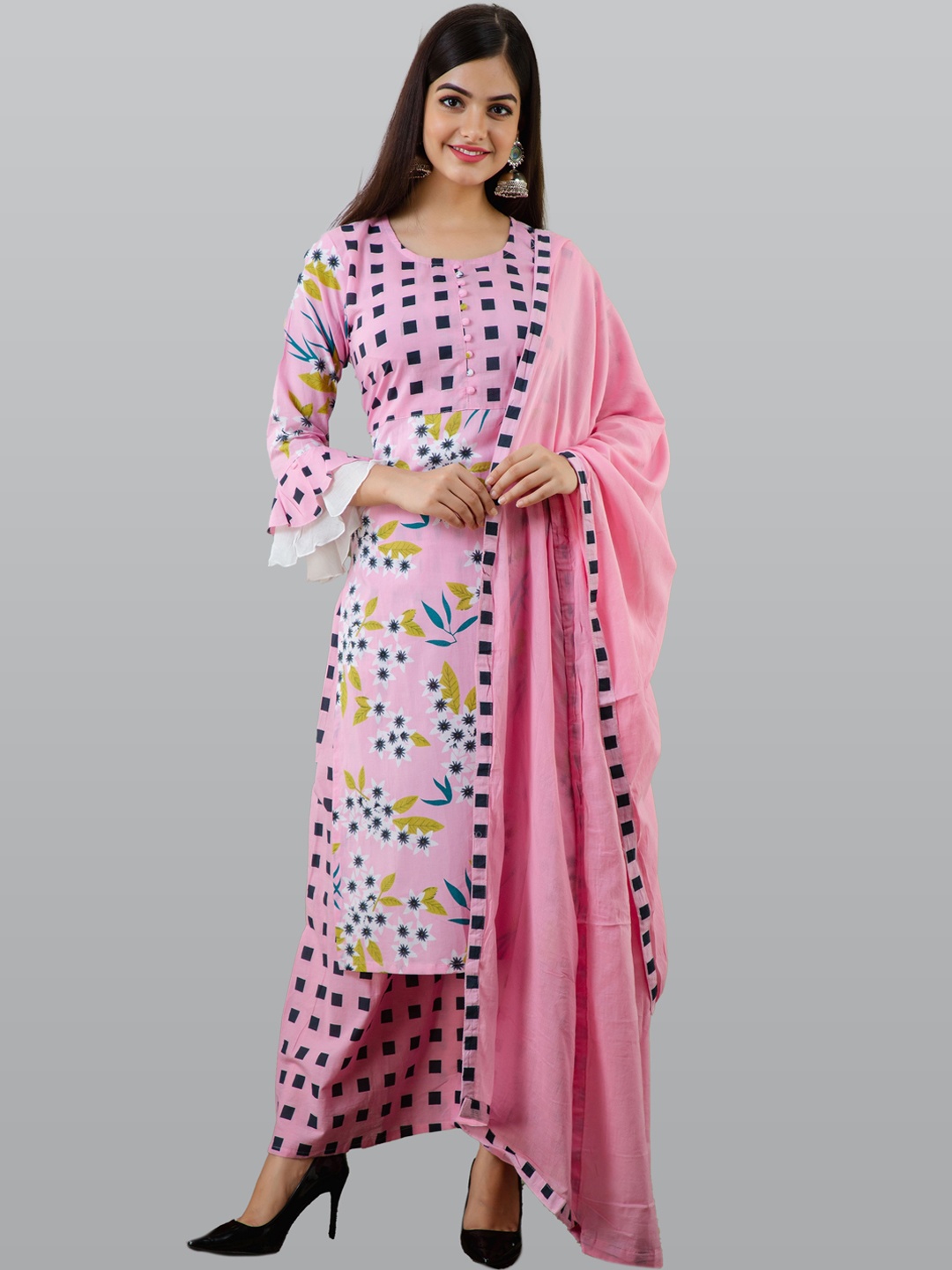 

OMASK Women Floral Printed Pure Cotton Kurta with Palazzos & Dupatta, Pink