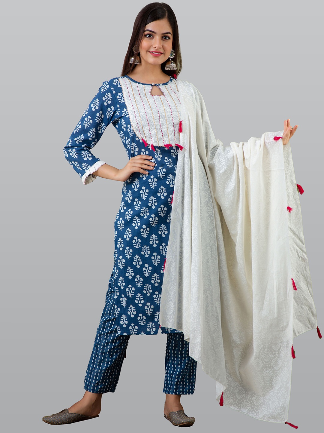 

OMASK Women Ethnic Motifs Printed Pure Cotton Kurta with Trousers & Dupatta, Blue