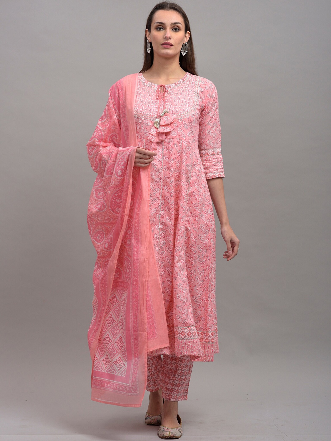 

OMASK Women Paisley Printed Pleated Pure Cotton Kurta with Trousers & Dupatta, Pink