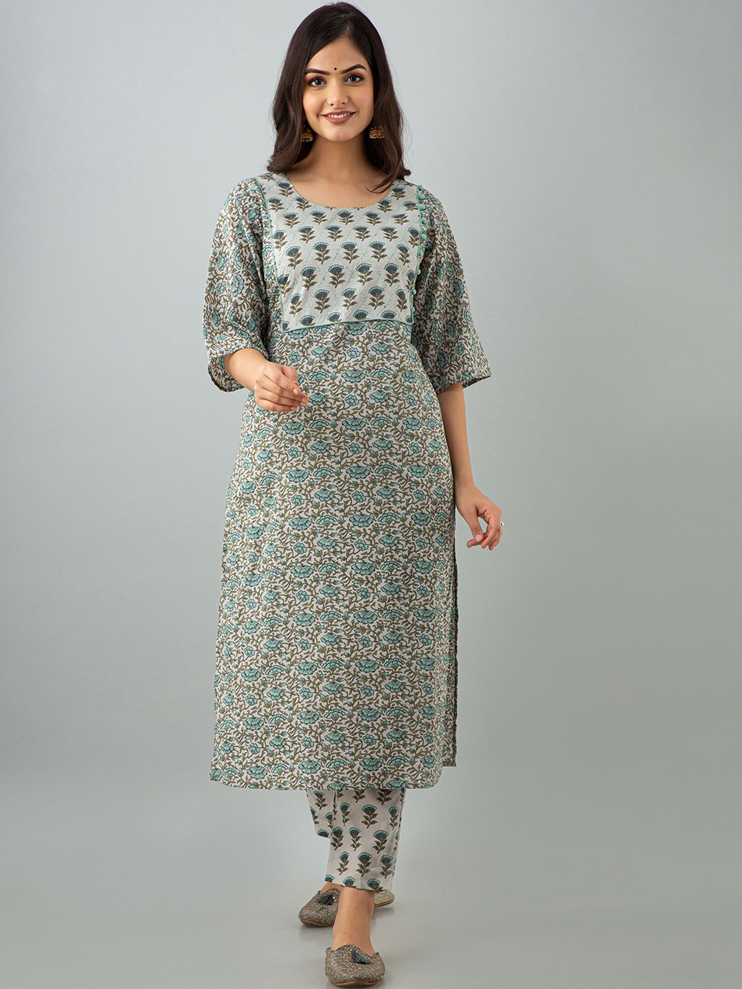 

OMASK Women Floral Printed Pure Cotton Kurta with Trousers, Green