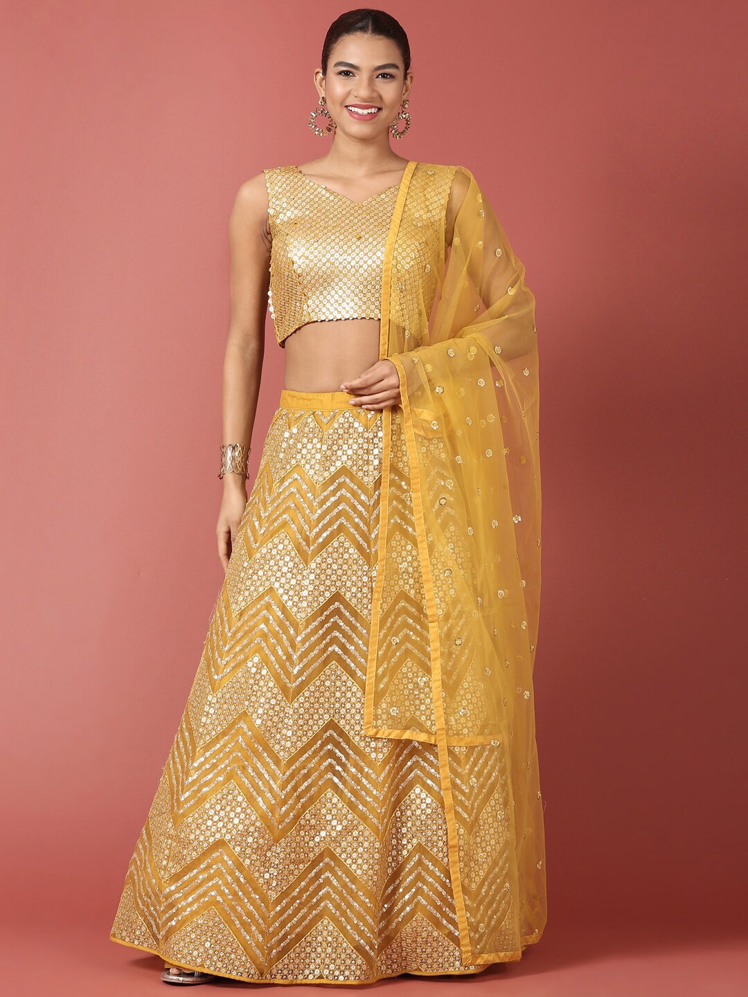 

panchhi Embellished Sequinned Semi-Stitched Lehenga & Unstitched Blouse With Dupatta, Mustard