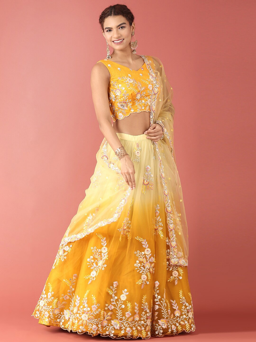 

panchhi Embroidered Sequinned Semi-Stitched Lehenga & Unstitched Blouse With Dupatta, Mustard