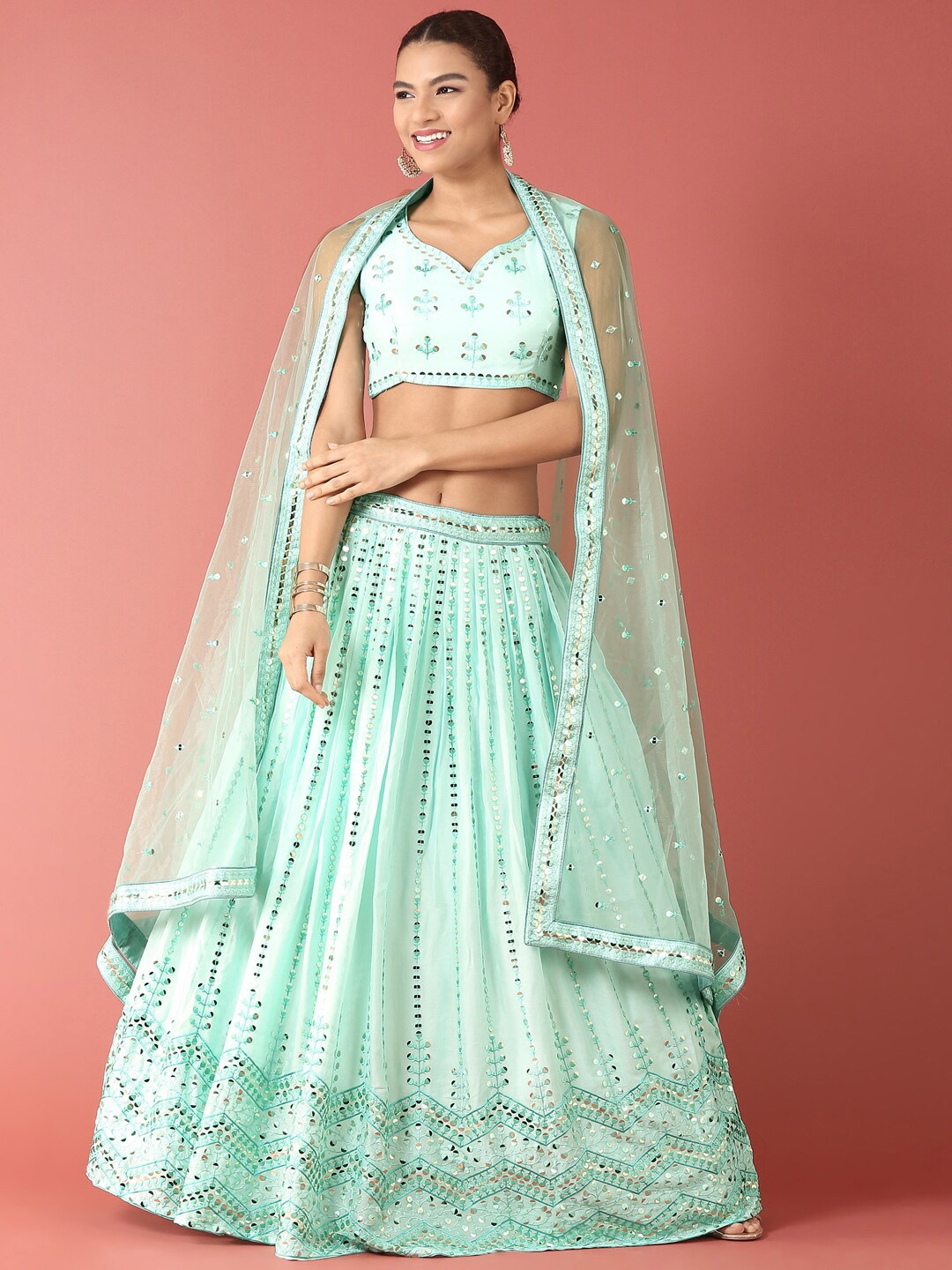 

panchhi Embellished Sequinned Semi-Stitched Lehenga & Unstitched Blouse With Dupatta, Turquoise blue