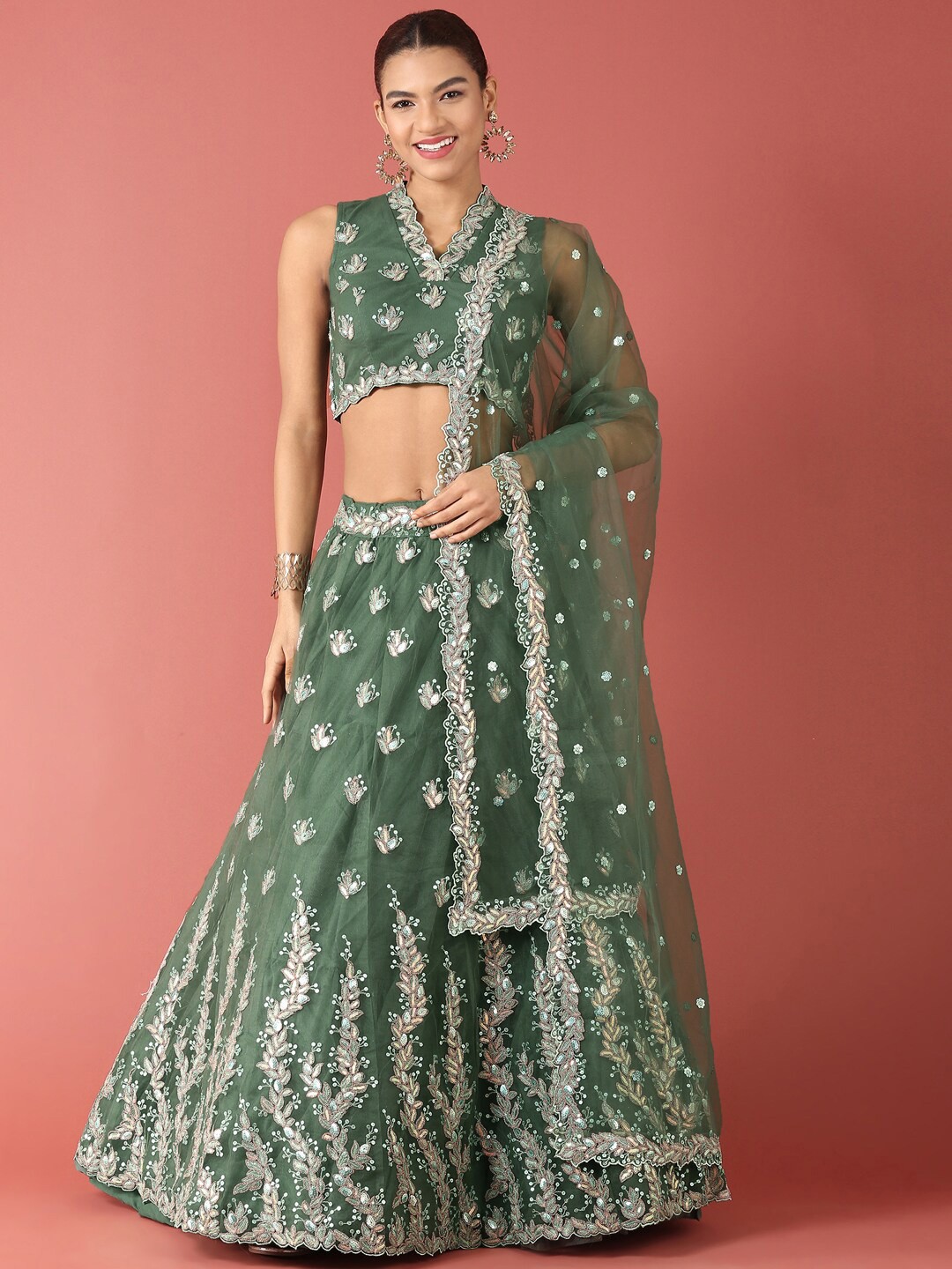 

panchhi Embroidered Sequinned Semi-Stitched Lehenga & Unstitched Blouse With, Sea green