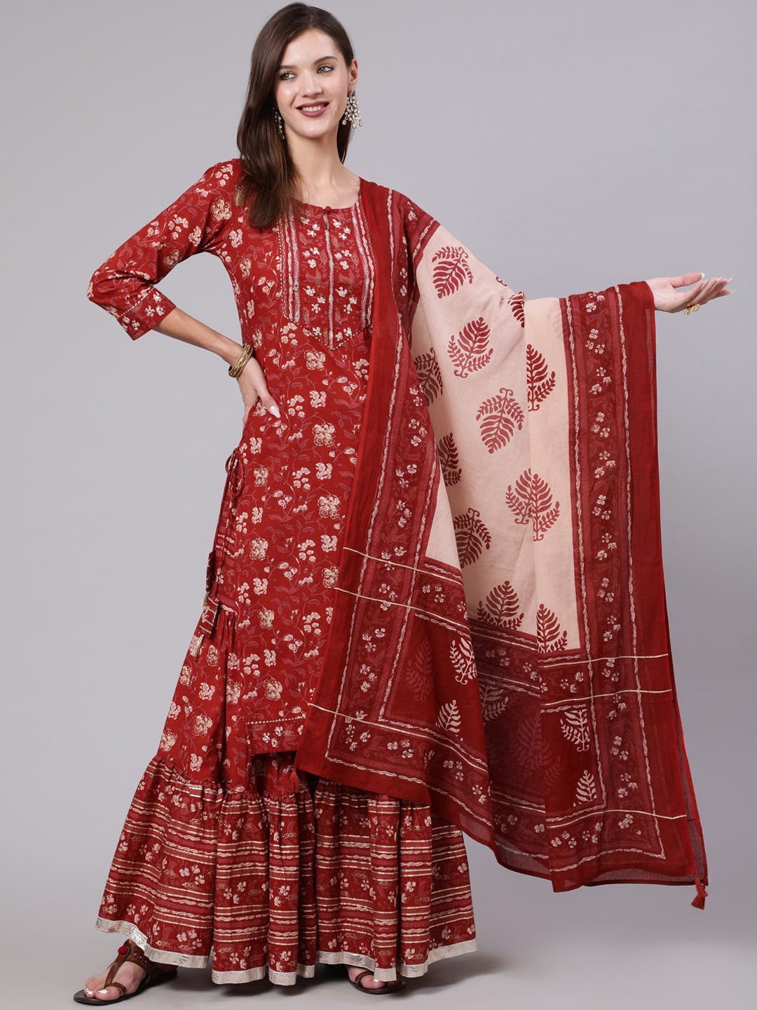 

GULMOHAR JAIPUR Women Maroon Ethnic Motifs Printed Pure Cotton Kurta Set