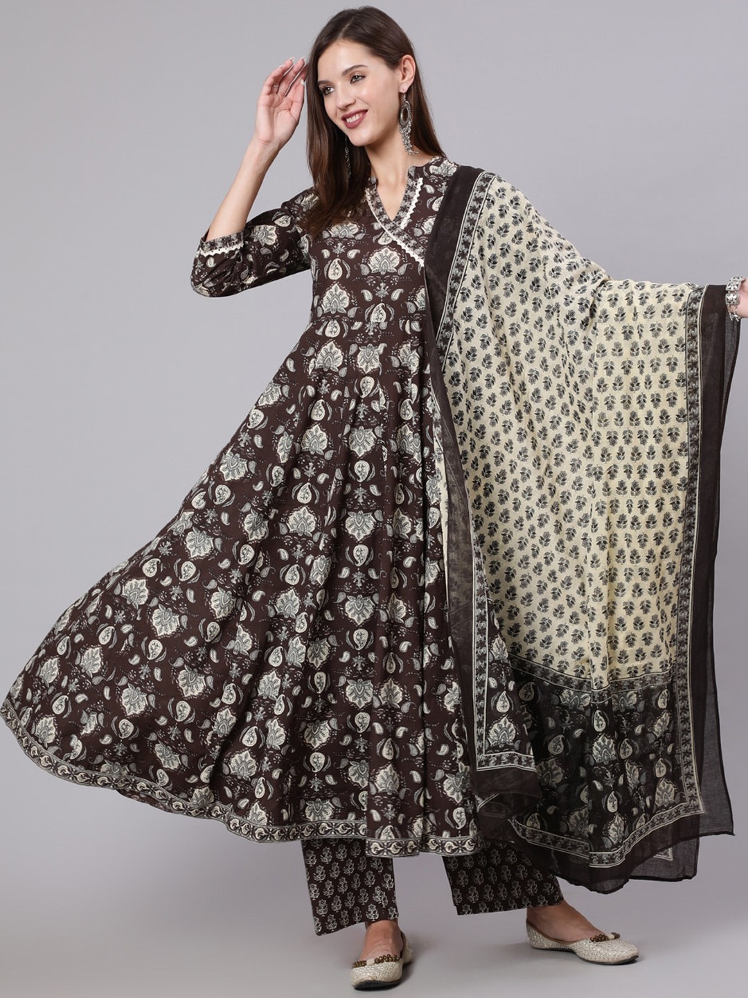 

GULMOHAR JAIPUR Women Brown Ethnic Motifs Printed Pure Cotton Kurta Set