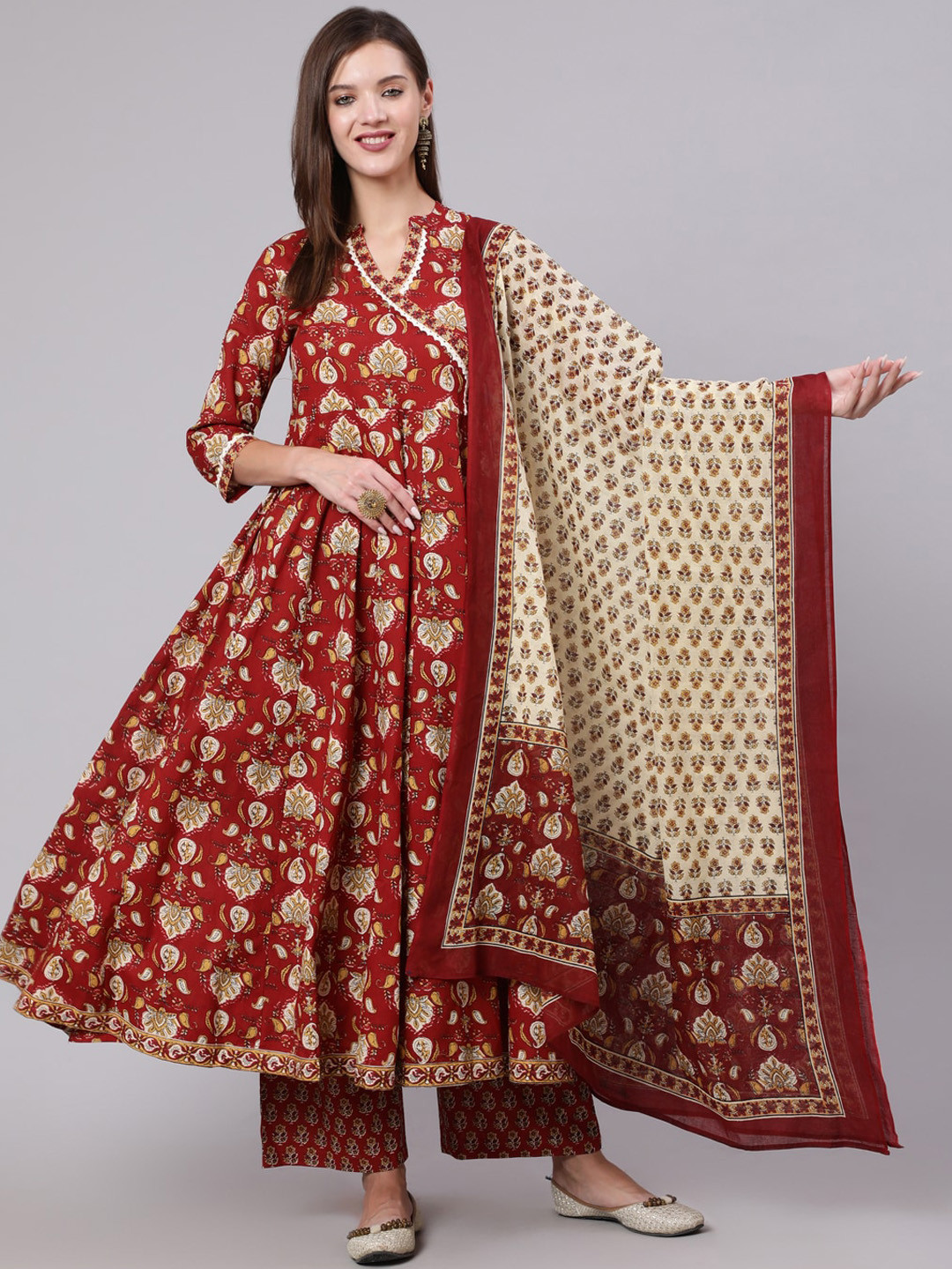 

GULMOHAR JAIPUR Women Maroon Floral Printed Pure Cotton Kurta Set