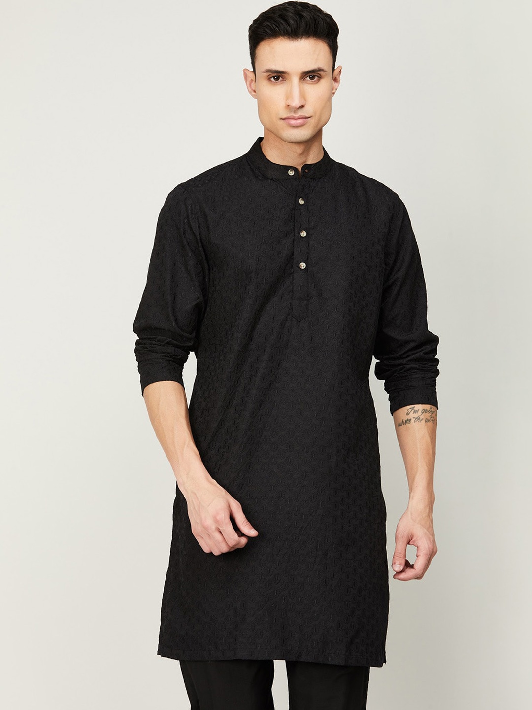 

Melange by Lifestyle Mandarin Collar Pure Cotton Kurta, Black
