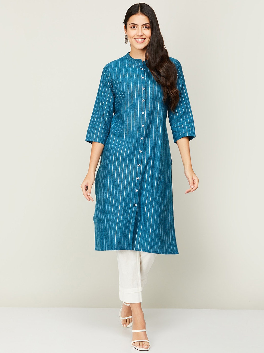 

Melange by Lifestyle Mandarin Collar Long Sleeves Striped Cotton Kurta, Blue