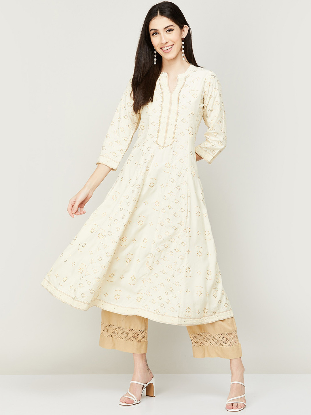 

Melange by Lifestyle Mandarin Collar Floral Yoke Design Gotta Patti Kurta, Off white