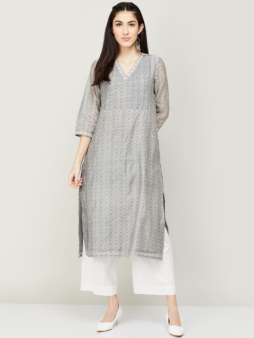 

Melange by Lifestyle Geometric Printed Straight Pure Cotton Kurta, Grey