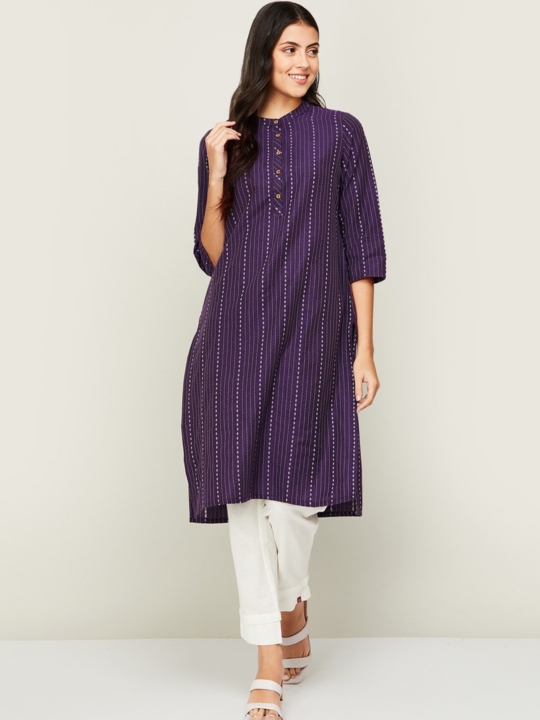

Melange by Lifestyle Striped Mandarin Collar Kurta, Purple