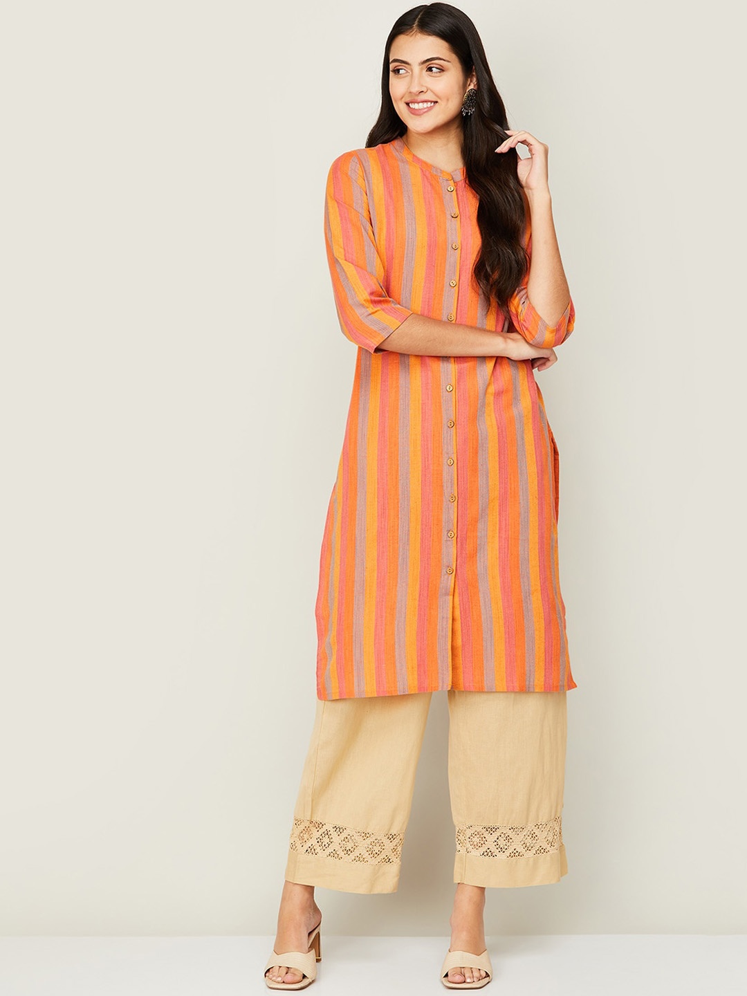 

Melange by Lifestyle Striped Mandarin Collar Kurta, Orange