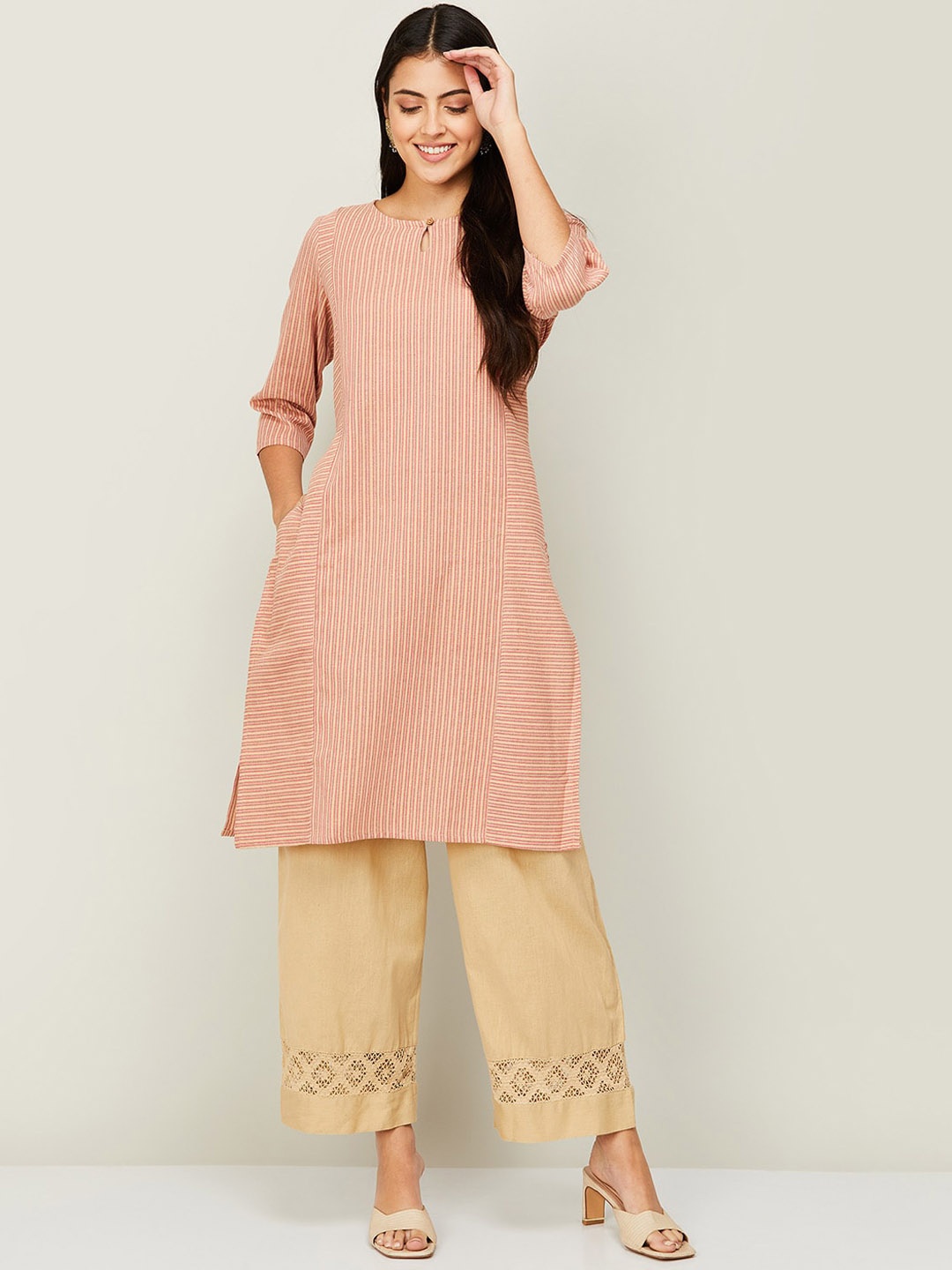 

Melange by Lifestyle Striped Keyhole Neck Kurta, Pink