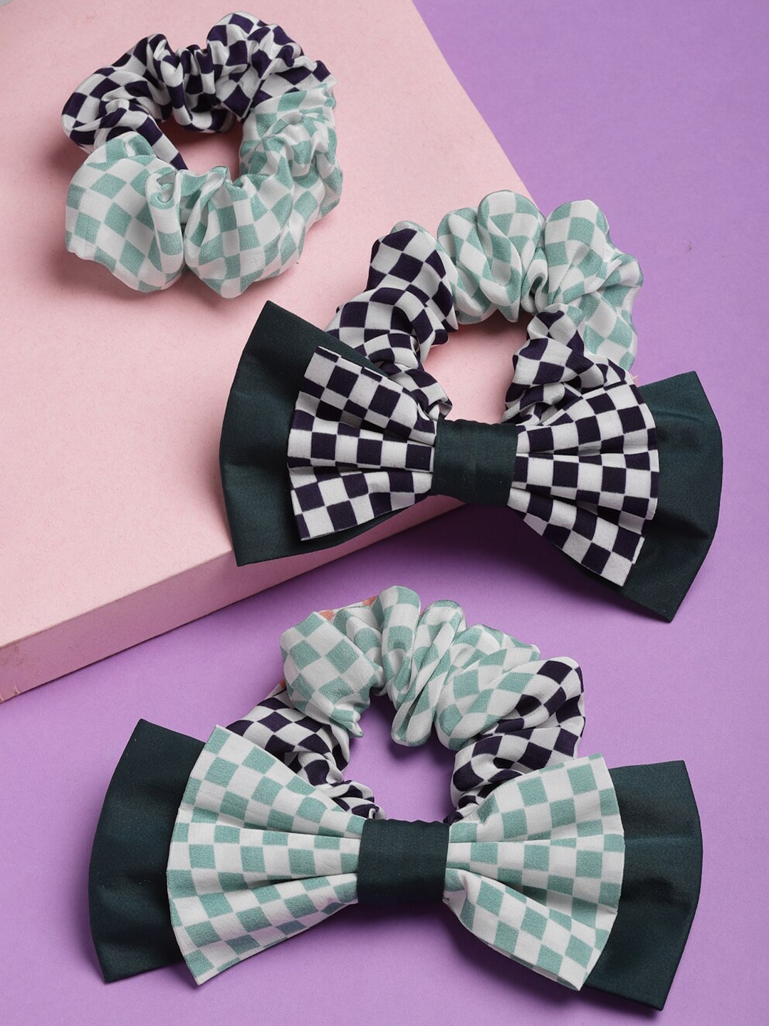 

SHAYE Women Green & Black Set of 3 Printed Bow Scrunchie