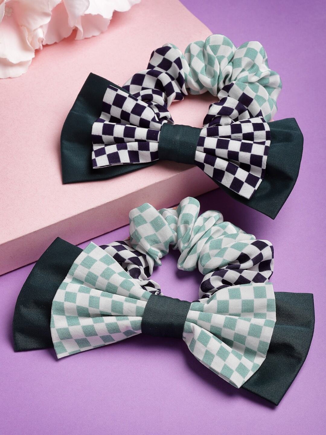 

SHAYE Women Sea Green & White Set of 2 Printed Bow Scrunchie