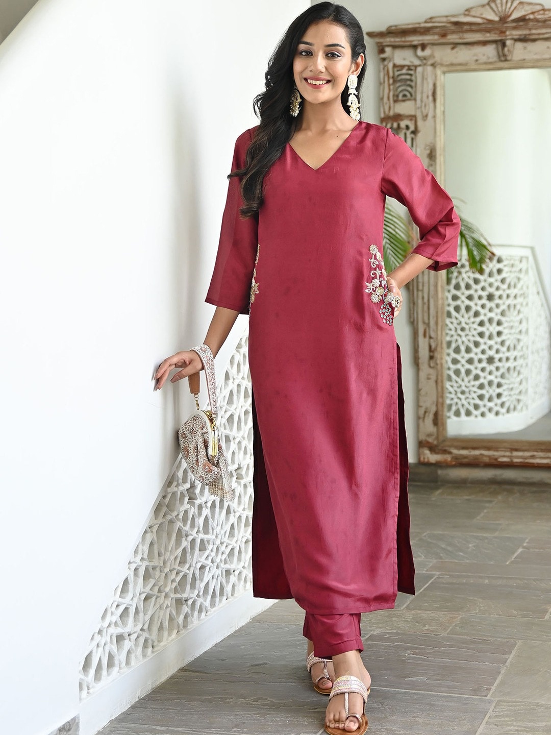 

Lavanya The Label Embroidered V-Neck Kurta with Trousers, Pink