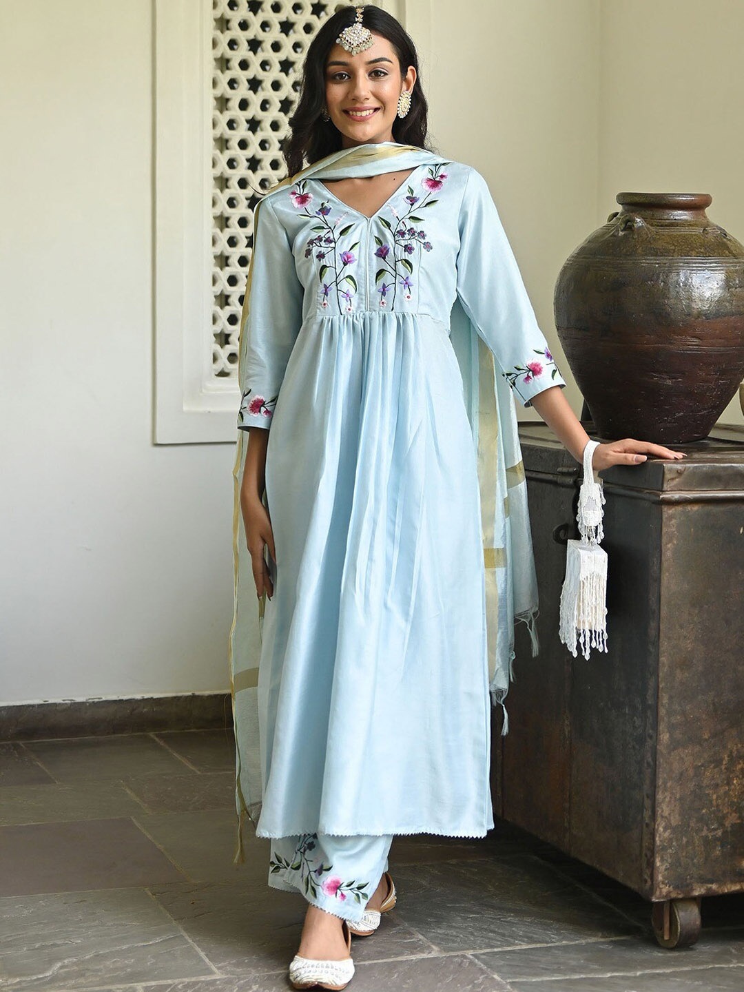 

Lavanya The Label Floral Embroidered Empire Kurta with Palazzos & Dupatta, Blue