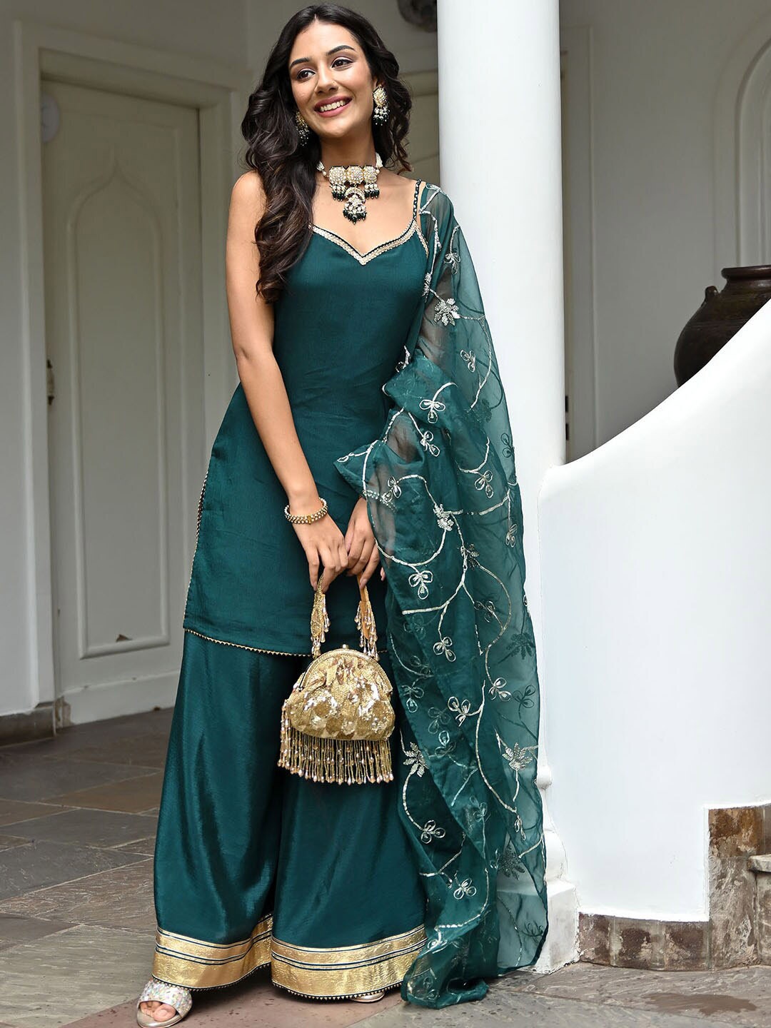 

Lavanya The Label Shoulder Strap Kurta with Palazzos & Dupatta, Green
