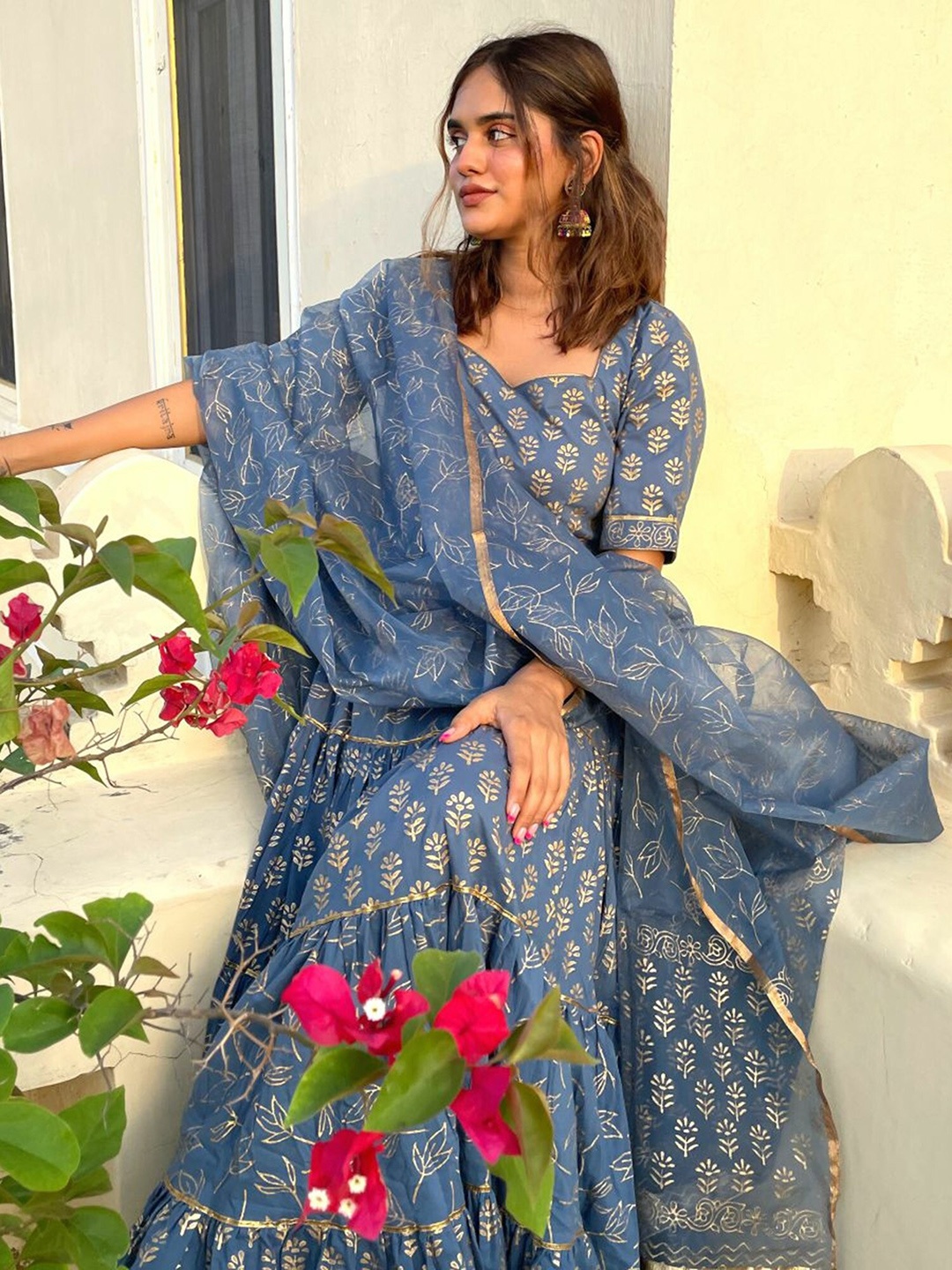 

Lavanya The Label Floral Printed Pure Cotton Kurta with Sharara & Dupatta, Blue