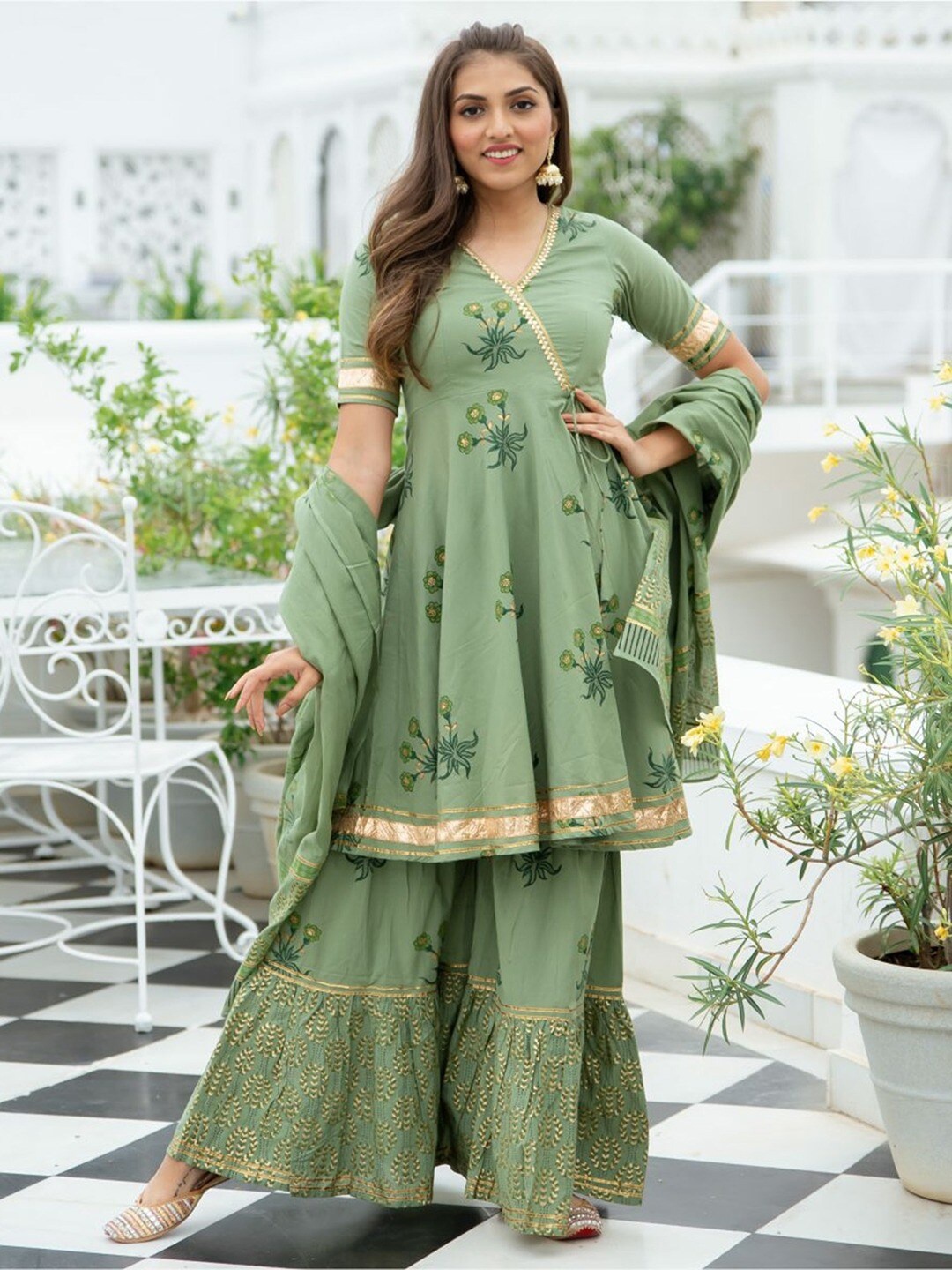 

Lavanya The Label Floral Printed Pure Cotton Kurta with Sharara & Dupatta, Green