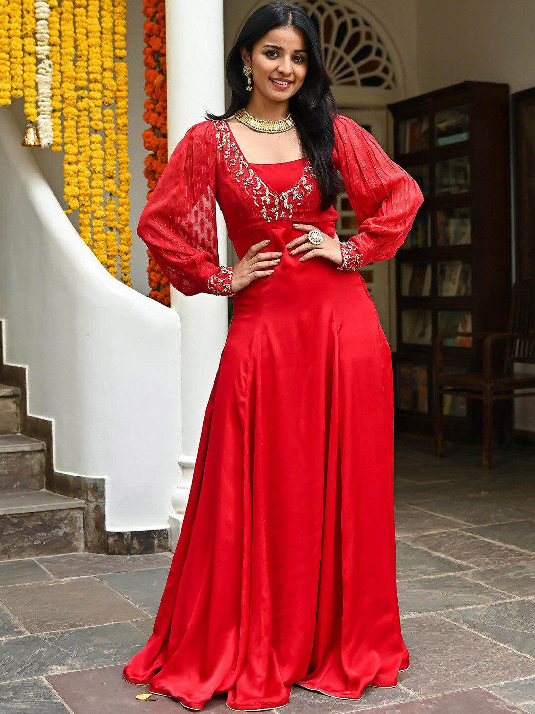 

Lavanya The Label Abstract Embroidered Beads and Stones Anarkali Kurta, Red