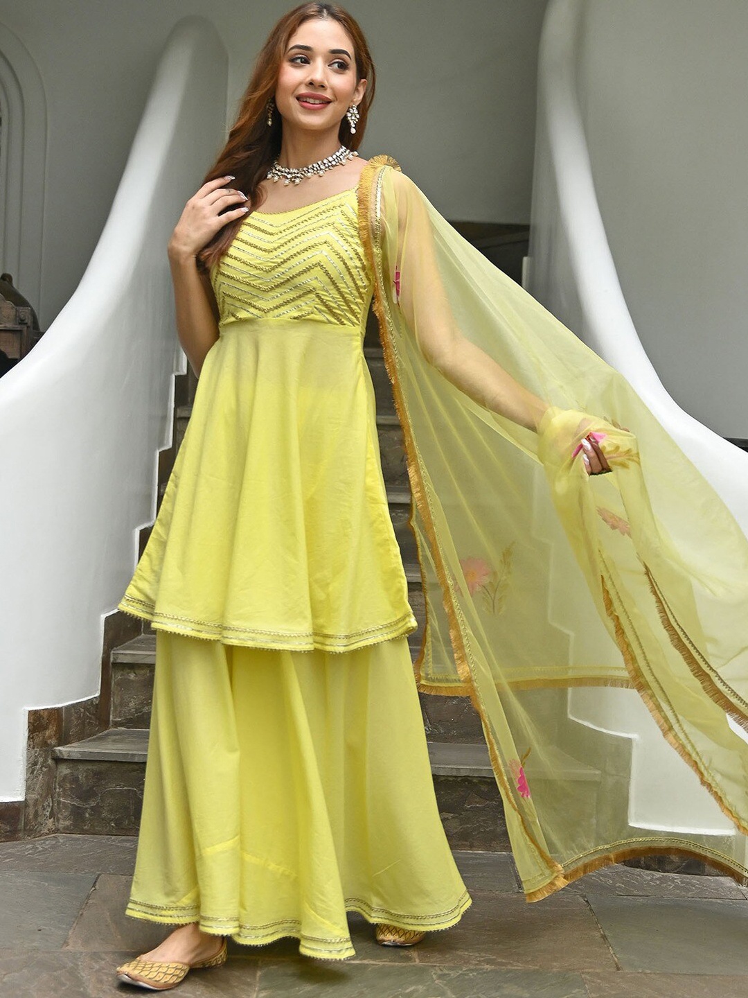 

Lavanya The Label Embroidered Pleated Pure Cotton Kurta with Palazzos & Dupatta, Yellow