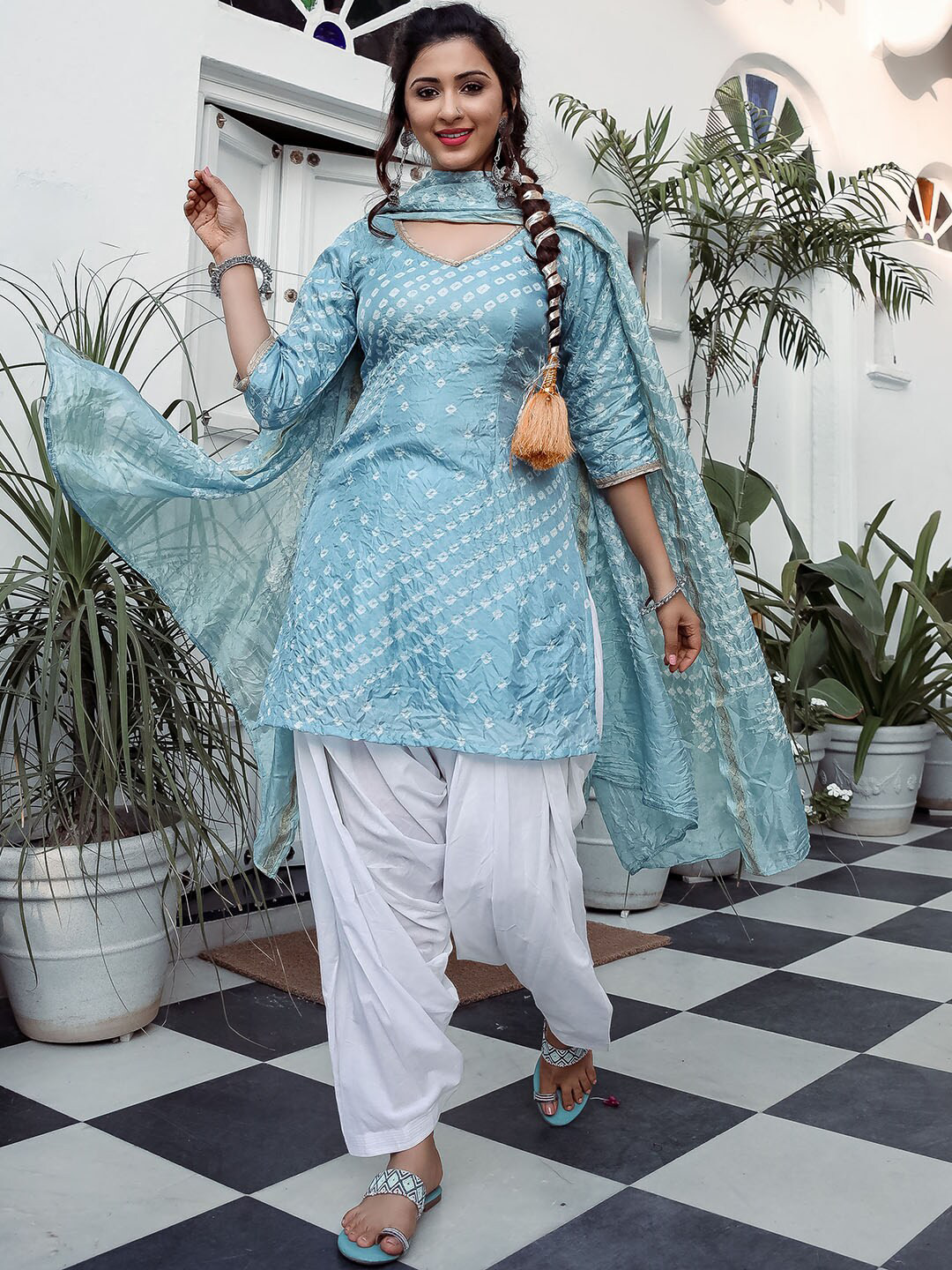 

Lavanya The Label V-Neck Bandhani Printed Kurta with Patiala & Dupatta, Blue